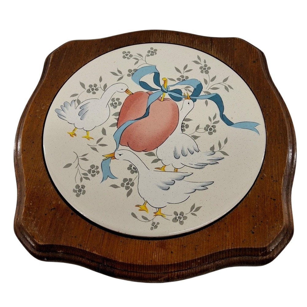 Set of 2 Vintage Marmalade Goose Ceramic and Wood Trivet or Wall Hanging